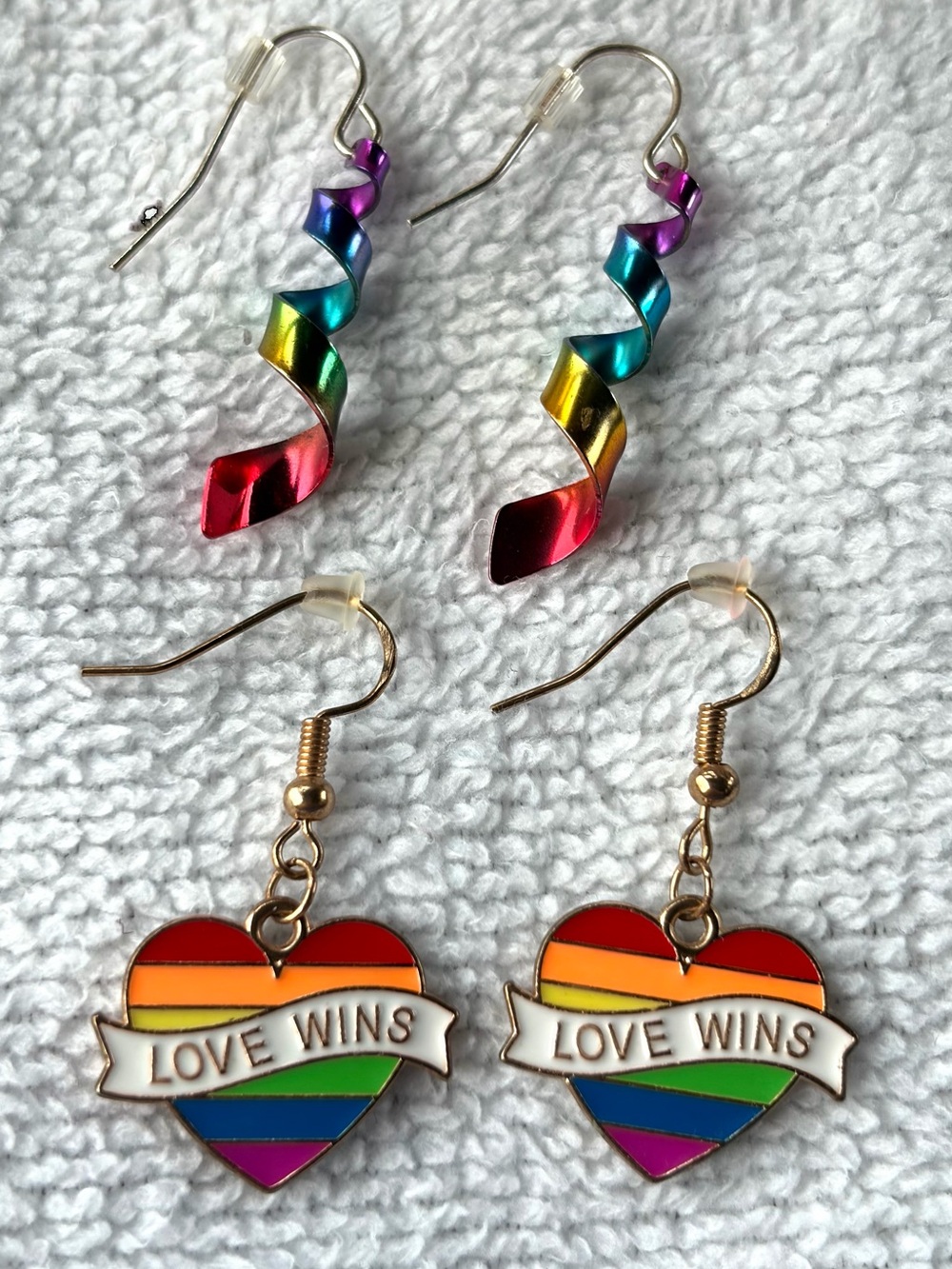 🌈Pride Rainbow Earring Set LOVE WINS Heart w 925 Hook & Metallic Ribbon Spirals